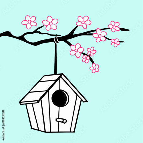 Cute Birdhouse Hanging from Cherry Blossom Branch Illustration