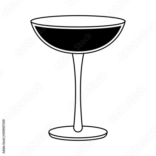 Elegant Cocktail Glass Silhouette Vector Illustration. The glass is depicted in black and white, with a wide shallow bowl, a slender stem and a rounded base.