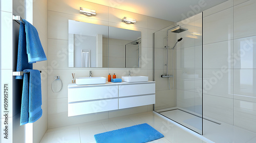 Modern Bathroom Interior Design with Double Vanity and Walk in Shower