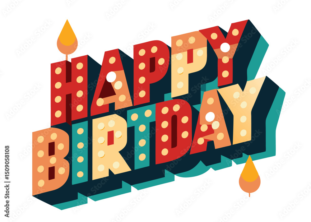 Fototapeta premium Colorful Retro Happy Birthday Typography Graphic with Candles – Fun Party Illustration