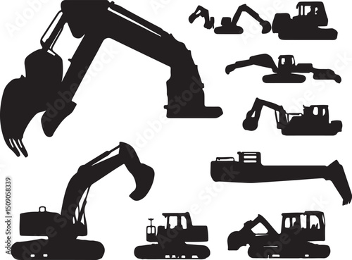 Excavator Silhouette Vector Set: Construction Equipment, Heavy Machinery, Black & White Graphics