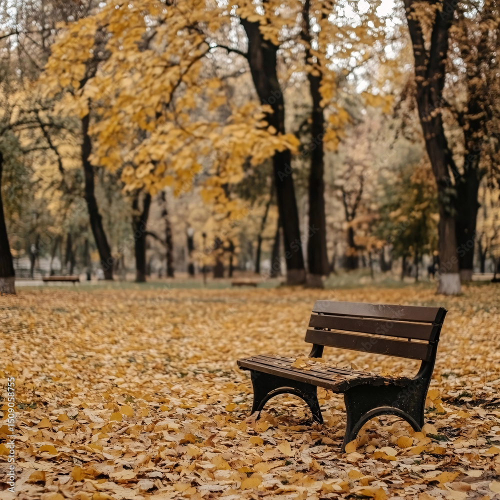 A serene autumn scene with a bench surrounded by fallen leaves in a picturesque park setting. A serene autumn scene with a bench surrounded by fallen leaves in a picturesque park setting.