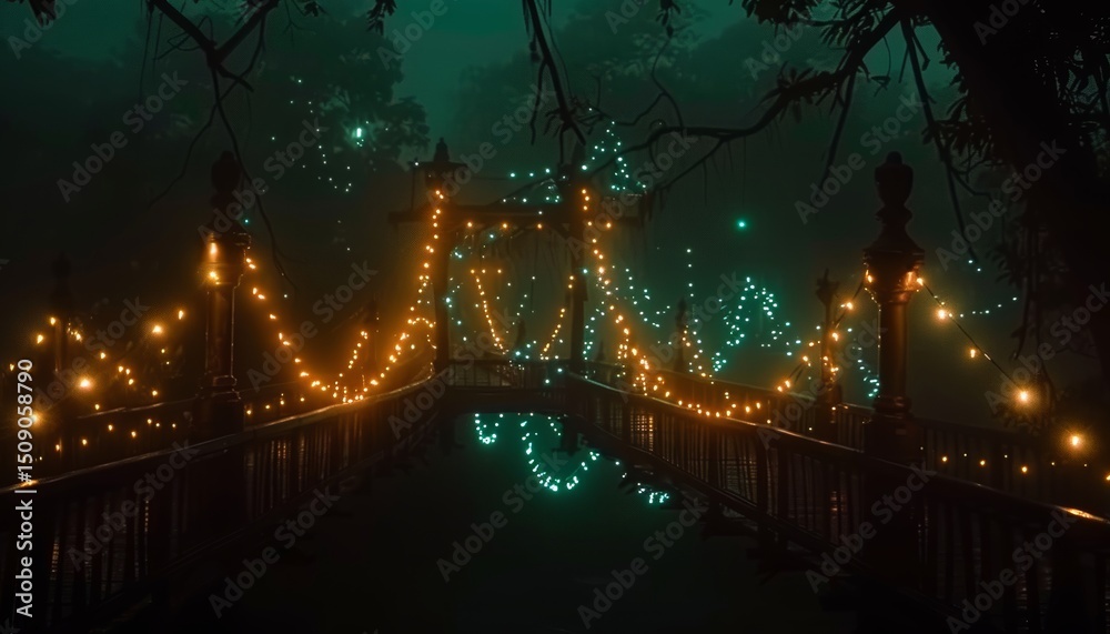 Fototapeta premium Illuminated bridges gracefully connecting breathtaking mountain peaks under a starry night sky