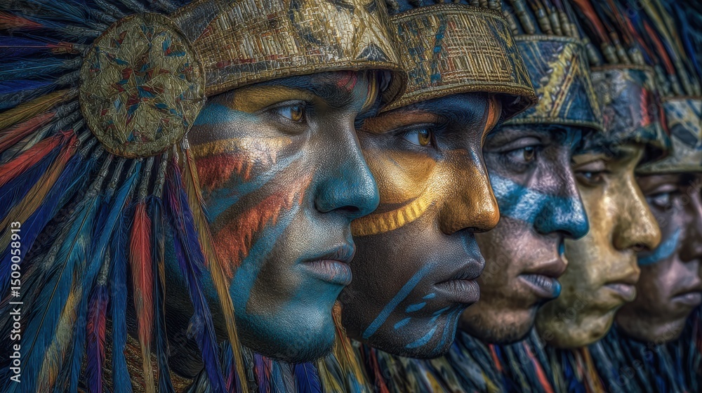 Fototapeta premium Indigenous performers in vibrant ceremonial attire and face paint