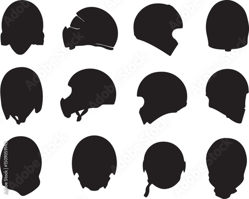 Black Silhouette Vector Art of Various Helmet Designs: Protective Headgear Graphics Set