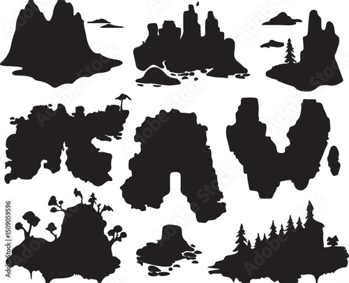 Silhouette Fantasy Island Map Elements Vector Illustration Game Design Assets Pack