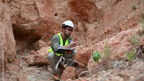 A geologist is examining the mineral content of soil and recording it on paper
