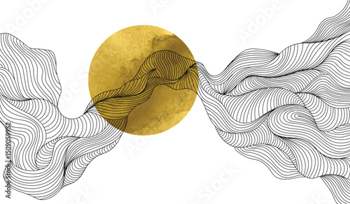 Luxury oriental style background vector. Chinese and Japanese wallpaper pattern design of landscape, sea wave, watercolor, line art. Minimal design illustration for decoration, wall decor, banner.