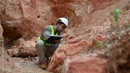 A geologist is examining the mineral content of soil and recording it on paper