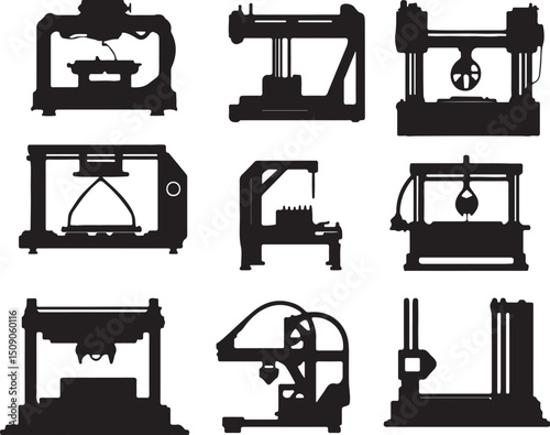 3D Printer Types Silhouette Vector: FDM, SLA, SLS, & More Additive Manufacturing Machine Icons