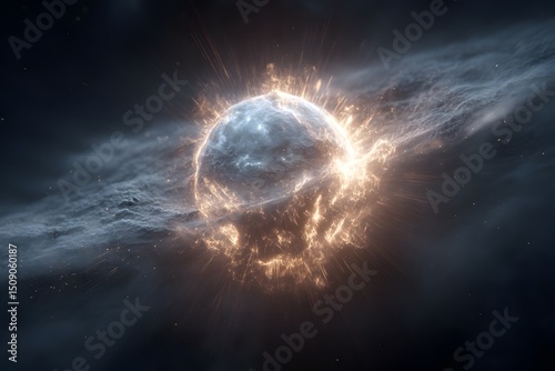 A celestial body undergoing a dramatic transformation, emitting intense light and energy as it appears to explode or erupt in the vastness of space.