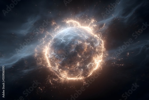 A celestial body engulfed in a fiery explosion with intense flames and sparks radiating outwards against a dark cosmic background