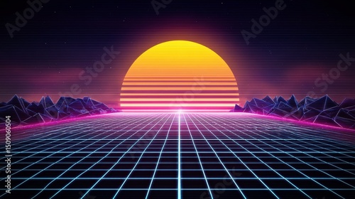 retro 3D background with bold geometric shapes, neon grid and gradient sunset sky, 80s synthwave style
