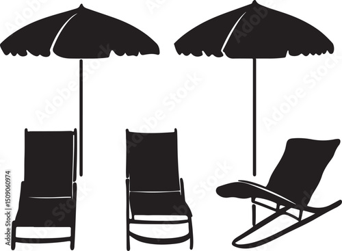 Silhouette of Beach Chairs and Umbrellas: Summer Vacation Relaxation Graphic