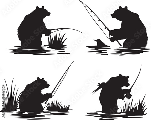 Bear Fishing Silhouette Vector: Wildlife Animal, Nature, Outdoors, Angling, River, Black and White Art