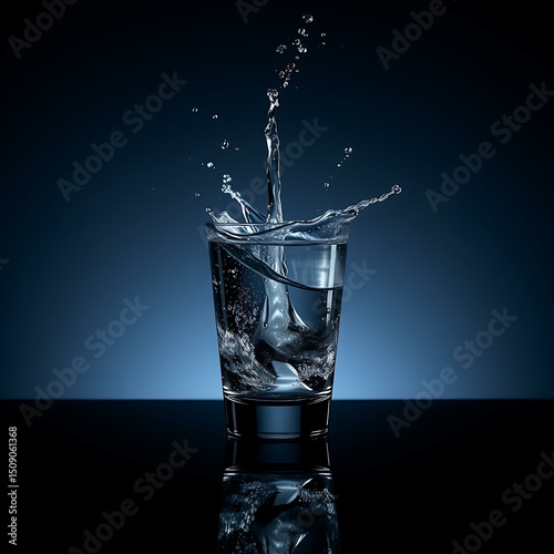 Tall water splash erupting from glass on black surface