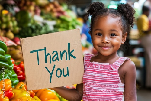 A young girl stands in a tomato-rich food market, holding a 