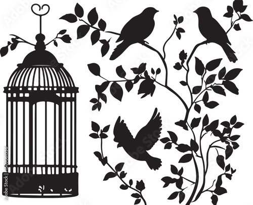 Birdcage Silhouette Vector: Birds on Branches, Flying Bird, Vintage Design, Graphic Element