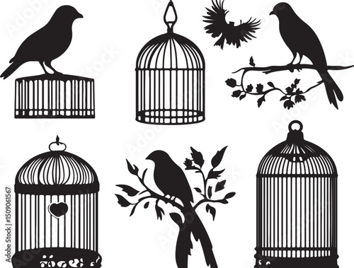 Bird Cages & Birds Silhouette Vector Art: Vintage Style Graphic Design Elements Collection