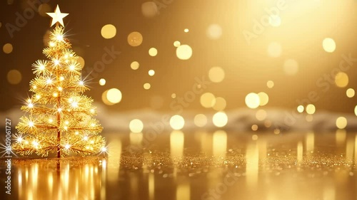 Elegant Christmas Tree Decorated with Lights Against a Sparkling Gold Background
