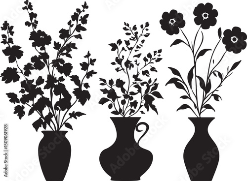 Silhouette Flowers in Vases: Floral Arrangement Vector Art, Botanical Illustration, Black and White Design