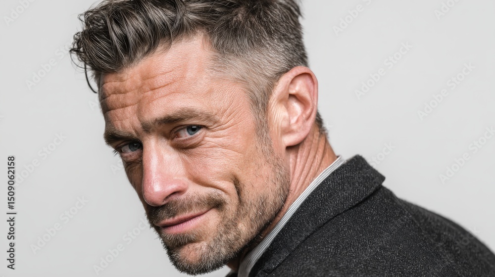 Fototapeta premium Confident man in modern suit exudes charm with sly smile and wink on white background