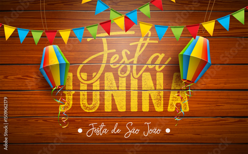 Festa Junina Banner Illustration with Party Flags, Paper Lantern and Light Bulb Billboard Letter on Blue Falling Confetti Background. Vector Brazil June Sao Joao Festival Design Template for Post Card
