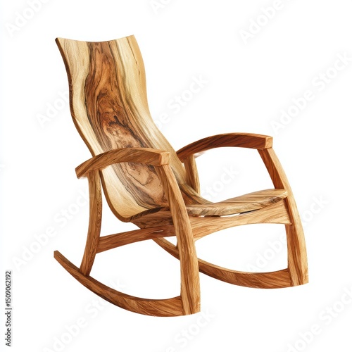 wooden rocking chair with ergonomic form and natural grain finish, isolated on white