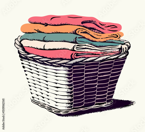 Stack of Folded Clothes in Woven Basket, Laundry Illustration