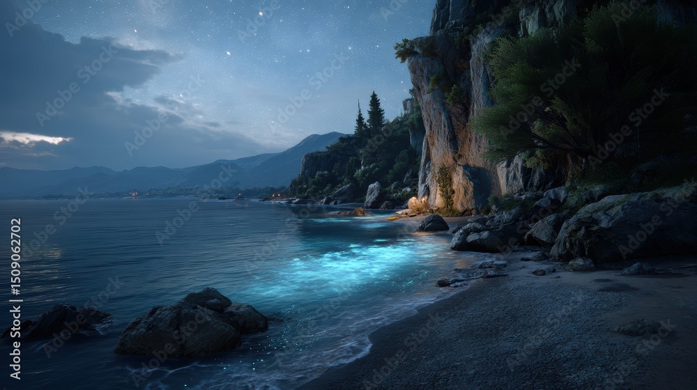 Obraz premium coastal cliffs glowing with bioluminescent light, night sky with stars and waves below
