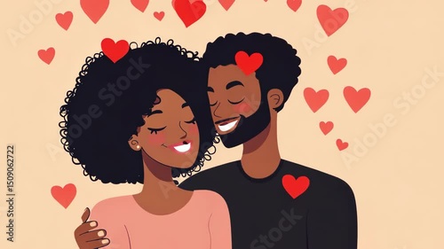 Illustration of an affectionate young African American couple surrounded by hearts. Love concept, cute embrace.