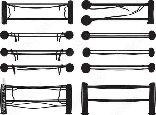 Black and White Vector Illustration of Boxing Ring Ropes, Sport Equipment, Graphic Design Element