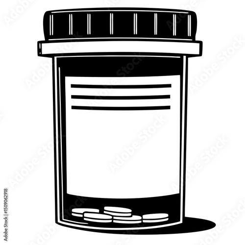 Prescription medicine bottle illustration in black and white for healthcare