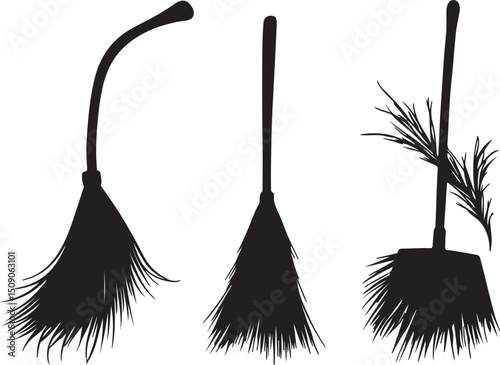 Black and White Silhouette of Feather Dusters: Cleaning Tools, Housekeeping, Vector Illustration