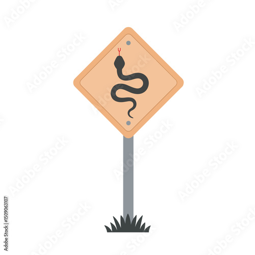 Snake warning sign on trail with grass at the base  