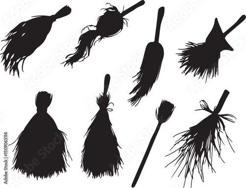 Witch Broom Silhouettes: Halloween Vector Graphics, Spooky Broomstick Clipart, Magic Flying Brooms Art