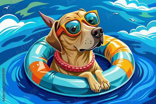 illustration Dog Relaxing in Water with Sunglasses and Inflatable Ring background