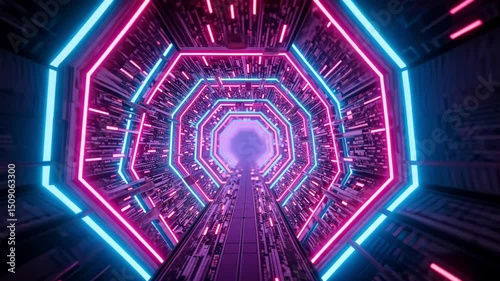 Futuristic Neon Corridor with Hexagonal Pattern and Vibrant Lights in Dark Space Environment