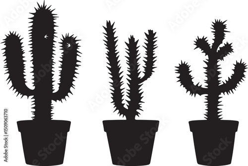 Cactus Silhouette Vector: Potted Desert Plants, Black and White Graphic Illustration, Nature Art