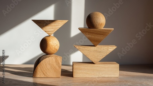 Fototapeta Naklejka Na Ścianę i Meble -  wooden 3D geometric figures stacked in balance, natural light and clean surface