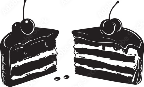 Two Slices of Chocolate Cake with Cherries, Black and White Vector Illustration, Dessert Graphic