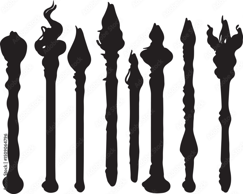 Fototapeta premium Silhouette Illustration of Fantasy Wands, Magic Staffs, Wizard Tools, Black and White Art