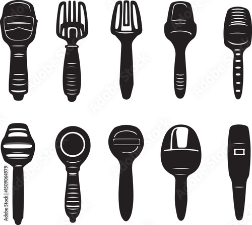 Vintage Microphone Silhouettes: Retro Mic Vector Art, Vocal Recording Equipment Icons, Black & White Graphics