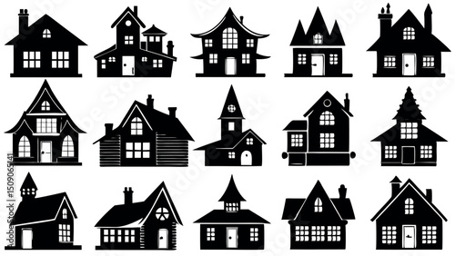 Collection of black silhouettes various house styles