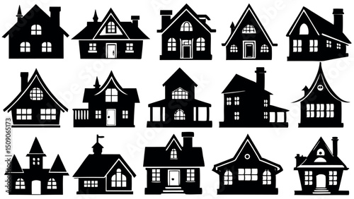 Collection of black silhouettes various house styles