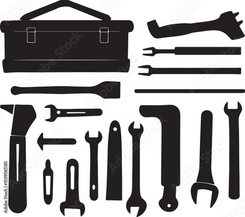 Black and White Tool Box Vector Graphic: Tools, Wrench, Screwdriver, Repair, Maintenance, DIY
