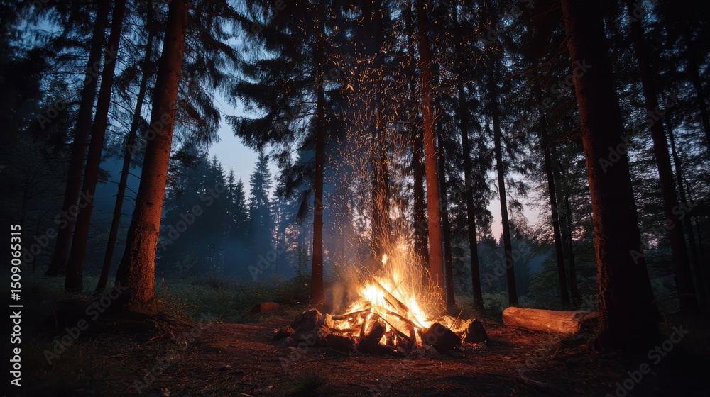 Obraz premium evening campfire in woods with sparks and glowing orange light, summer camping mood