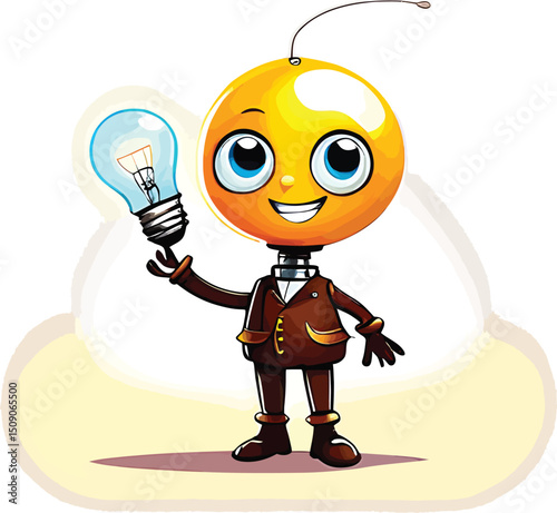 Cartoon Idea Man Vector Illustration A Whimsical Bright Cartoon Character With A Spherical Head And A Lightbulb Perfect For Conveying Inspiration And Innovative Concepts In Marketing And