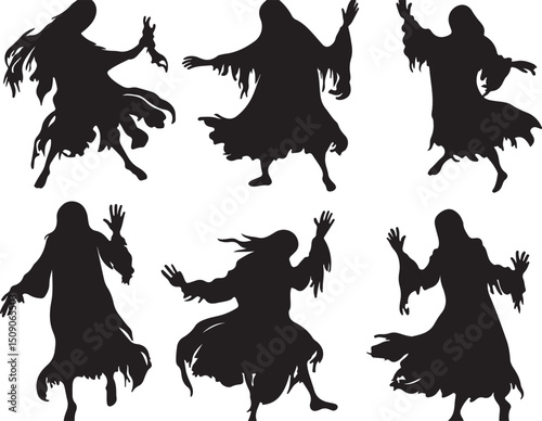 Silhouette of Spooky Ghosts: Halloween Vector Illustration, Creepy Apparitions, Ghostly Figures