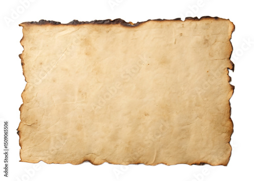 Close up shot of an aged paper with burnt edges isolated on a transparent background	 in a horizontal format